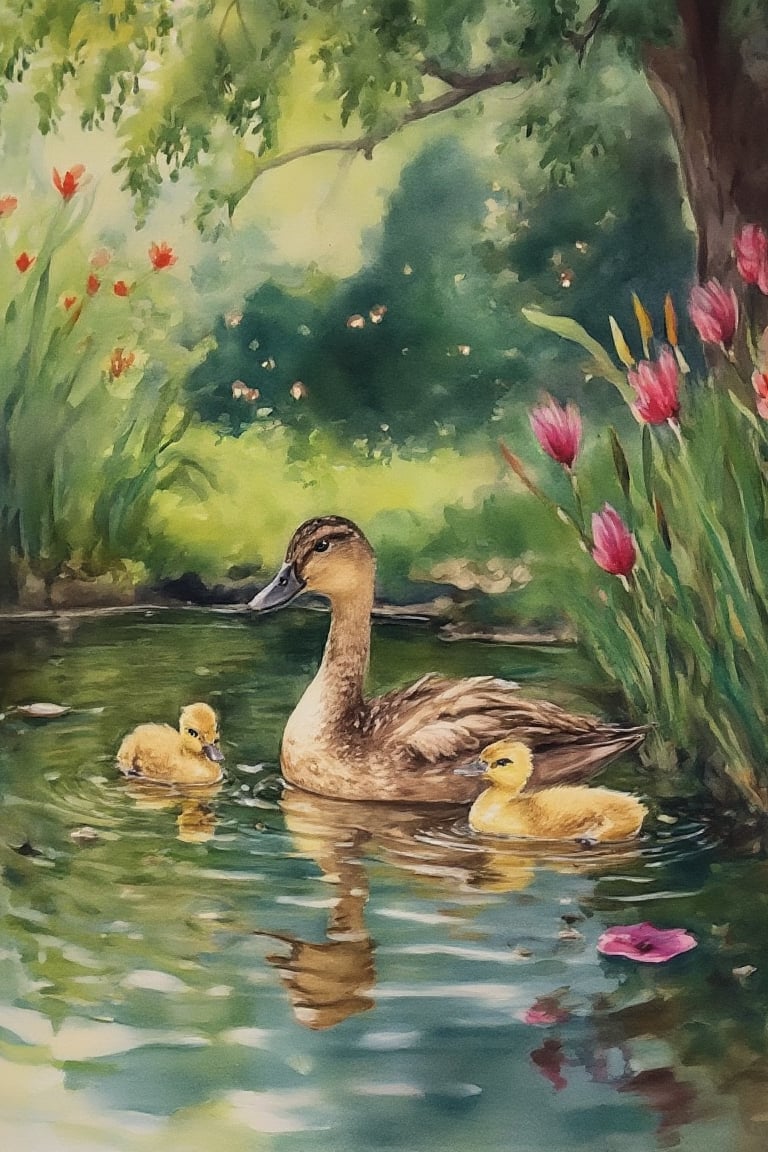 A mother duck with her ducklings, swimming in a garden pond, shady trees, flowers, grass, ,Watercolor painting style 