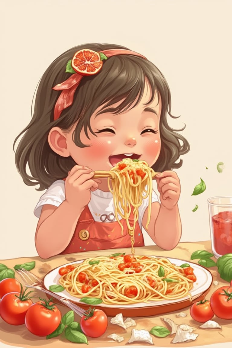 Little girl eating spaghetti, Illustrations style 