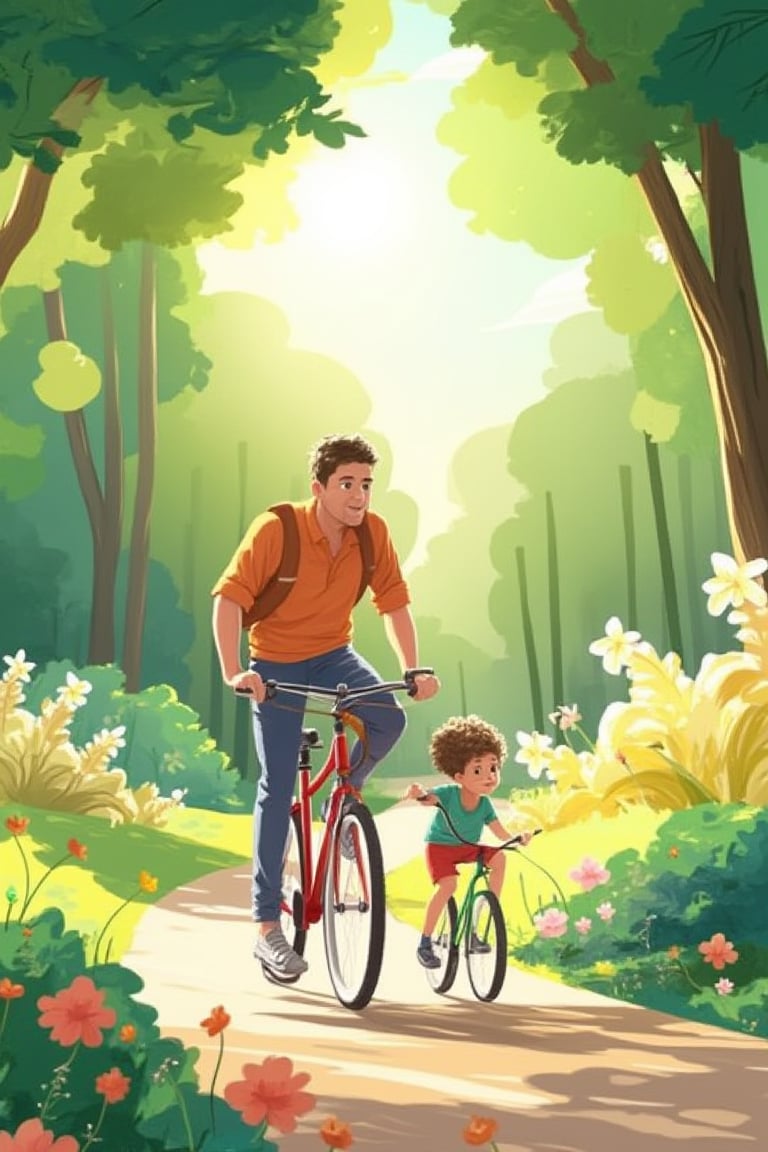 A father and his son, learning to ride a bicycle, in the park, sunlight, beautiful flowers, shady trees, Illustrations style 