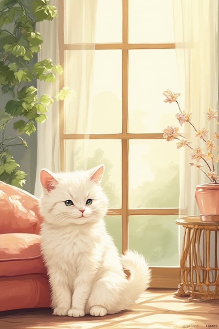 Cute white cat, sofa, living room, sunlight, big glass door,Illustrations style 