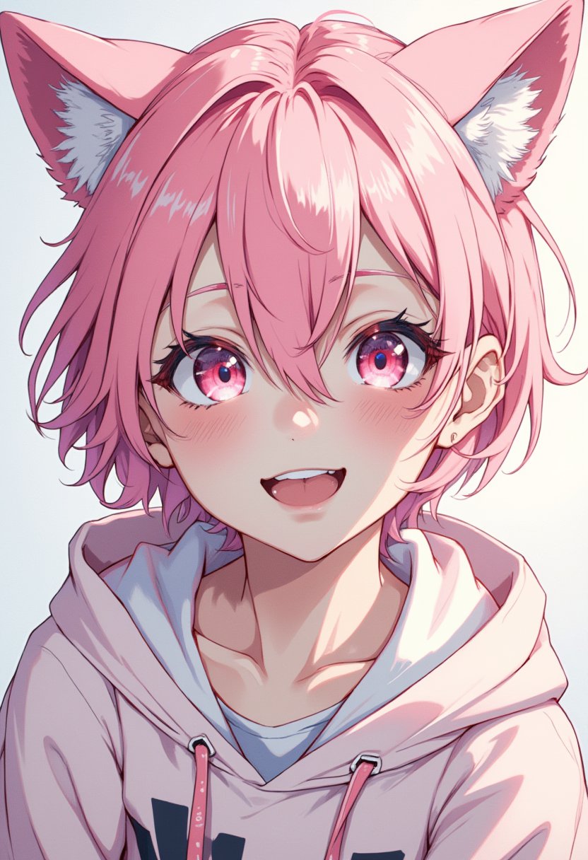 1girl ,(masterpiece), best quality, expressive eyes, perfect face,1boy,pink hair,blushing, smiling,short hair,wolf cut,hair between eyes,pink eyes,(cat ears), wearing an oversized hoodie anime style