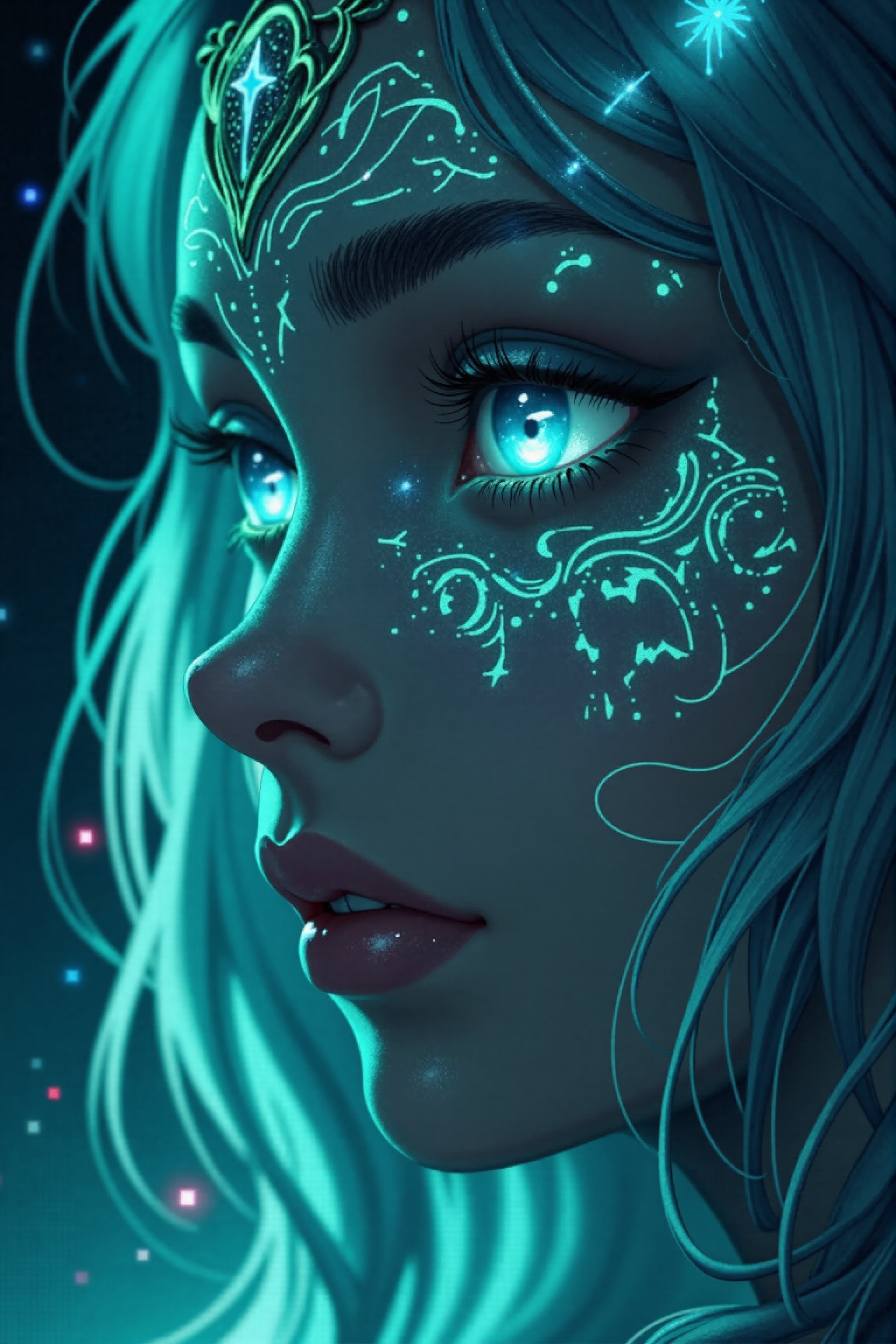 Create a close-up image of a fantasy elf’s face. Her skin glows with a soft, ethereal light and is adorned with neon tattoos that cover her face in intricate patterns. The tattoos emit a magical glow that illuminates her delicate features. Her eyes are large and bright, subtly changing between shades of blue and green, as if holding an ocean within them. Her long, silver hair frames her face, adding a touch of magic to the scene. The background features a starry sky that enhances the dreamy atmosphere , fantasy art, detail eyes, magic eyes, anime style