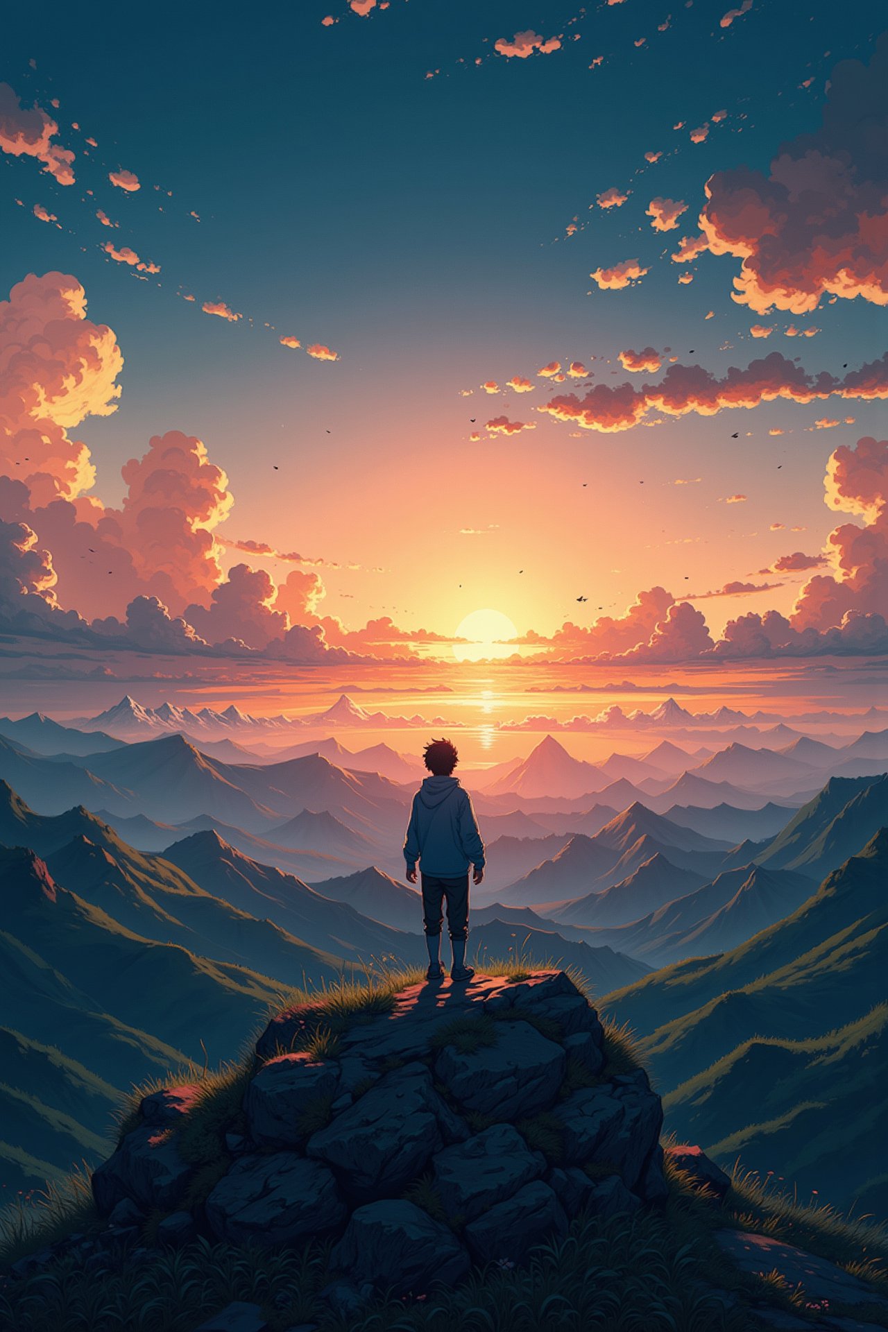 (Anime style), 4K anime wallpaper, illustration style inspired by Studio Ghibli, person on top of a mountain, looking at the horizon, watching the birds fly by, and the sun setting on the horizon, ultra high-quality detailed 