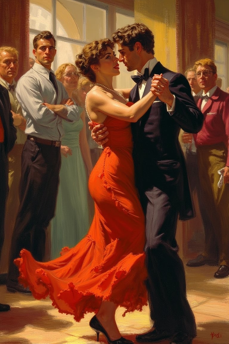 A woman, Dancing salsa, dance floor, lots of people watching, American vintage Illustrations 