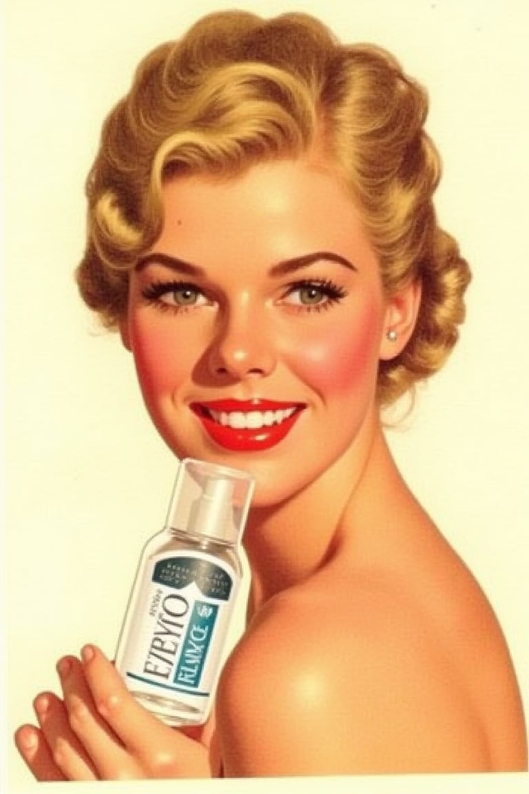 A woman, advertising a product, holding a face cream, smiling at the camera,American vintage Illustrations 