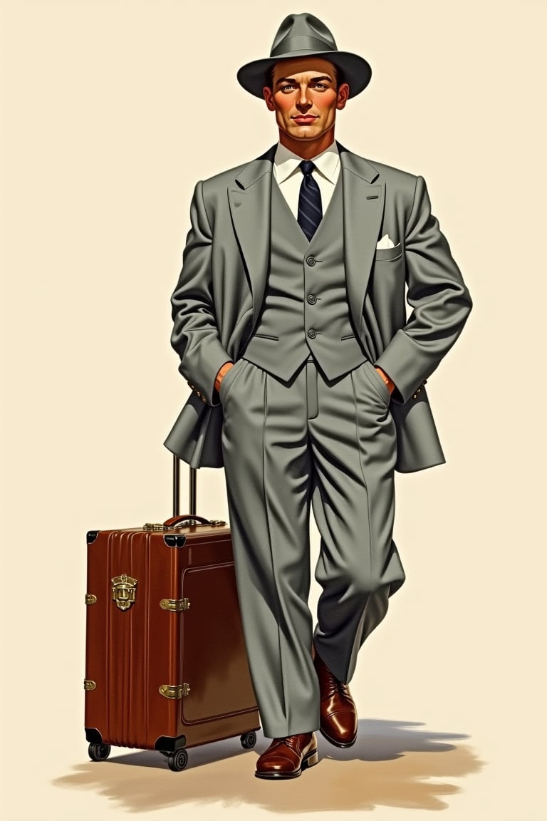 A man, fedora hat, grey suits, suitcase, American vintage Illustrations 