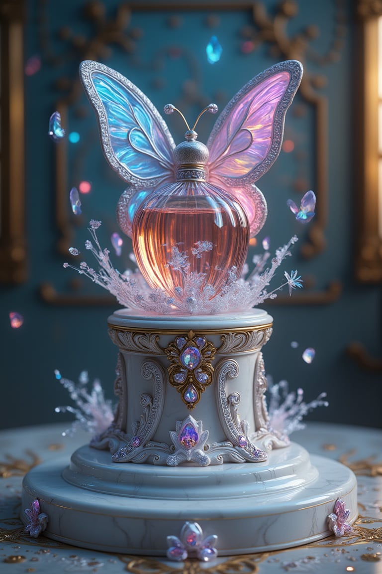 A majestic perfume throne unfolds: a pedestal of gleaming white marble, adorned with ornate baroque carvings, supports the sculpted glass container. The perfume, a sparkling butterfly with open wings, is crafted from diamonds and iridescent gemstones that refract light. Iridescent glass accents on the throne's surface seem to shift hues, while luxurious oriental decorations dance around its base. Delicate symmetries and geometric patterns weave together in intricate harmony, exuding elegance and mystery.