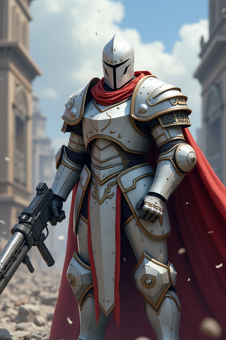 uhd, 8k, high quality, digital illustration, b;izzard art style, a man wearing white knight armor, with a silver helmet, holding bolter, fighting in a city, full body, primaris helmet ,Knight armor