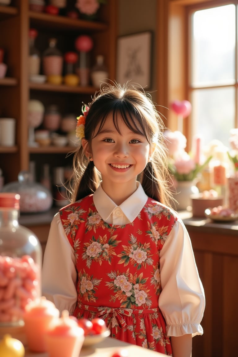 A whimsical scene unfolds as a sweet-toothed girl, donning a bright smile and vibrant traditional outfit, poses amidst a tapestry of colorful candy and sweets in a rustic wooden shop. Soft golden light pours through the window, casting a warm glow on her beaming face and the sugary treasures surrounding her. The composition is playful, with swirling patterns of lollipops, gumdrops, and licorice whips creating a whimsical backdrop.