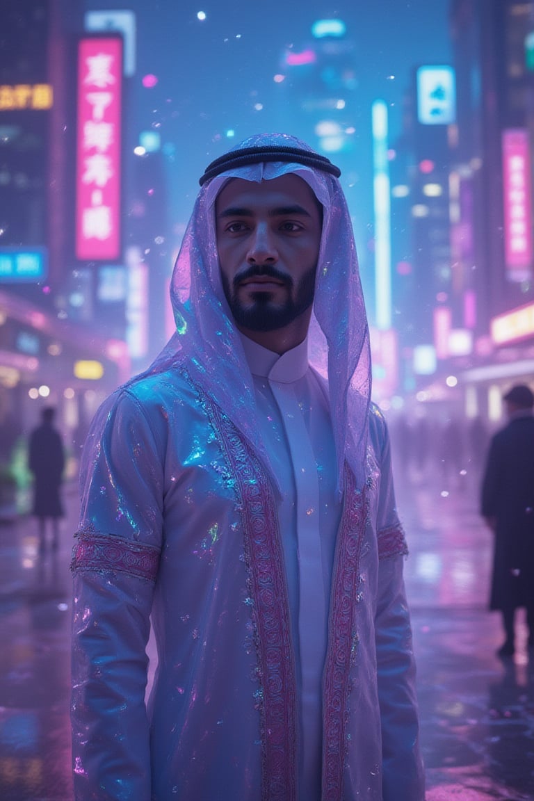 Arthur Szyk-inspired digital artwork depicts a Saudi Arabian man, resplendent in traditional attire, standing out against a futuristic cyberpunk backdrop. Framed within a vibrant, neon-lit cityscape, the subject's intricately patterned robes shimmer with holographic textures. His face aglow with an otherworldly glow, his eyes seem to pierce through the vaporwave haze as he stands tall, blending cultural heritage with modern innovation.