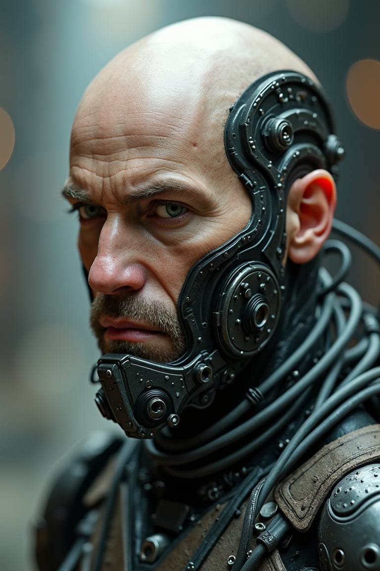 A highly detailed cyberpunk male cyborg with a completely bald head, realistic human features, and intricate mechanical components and wires integrated seamlessly into the head. The cyborg has a mechanical mask covering the mouth and jaw area, and a serious expression. The setting is a dystopian, industrial environment with a soft background blur.