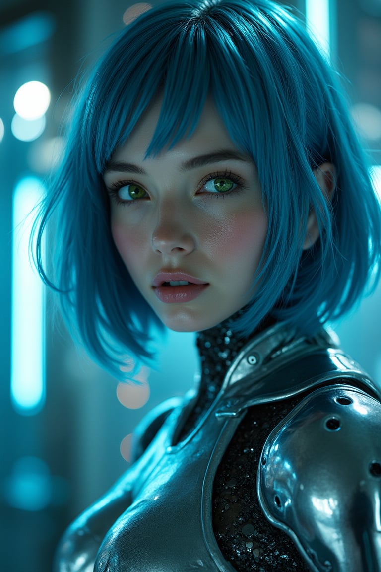 A futuristic close-up of a woman in a sleek suit, her blue hair styled in a chic bob. She's a cyborg with silver metallic plating on her arms and torso, glistening under the dim blue lighting. Her piercing green eyes gleam as she gazes directly at the camera, her facial expression a perfect blend of confidence and curiosity. The framing is tight, focusing on her striking features amidst the intricate cybernetic enhancements. In the background, a cityscape's neon lights hum with energy, reflecting off the metallic surfaces of her suit.