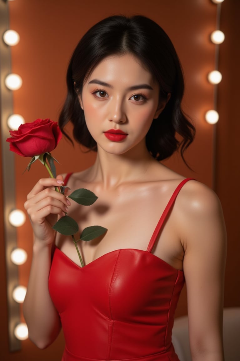 a medium-sized Asian woman, dressed in a red leather strapless dress, holds a vibrant red rose in her left hand. The woman's face is adorned with a bold red lip, adding a pop of color to the otherwise monochromatic scene. The backdrop, adorned with white lights, is a stark contrast of brown and orange. The lighting, creating a striking visual effect, adds a touch of depth to the composition.