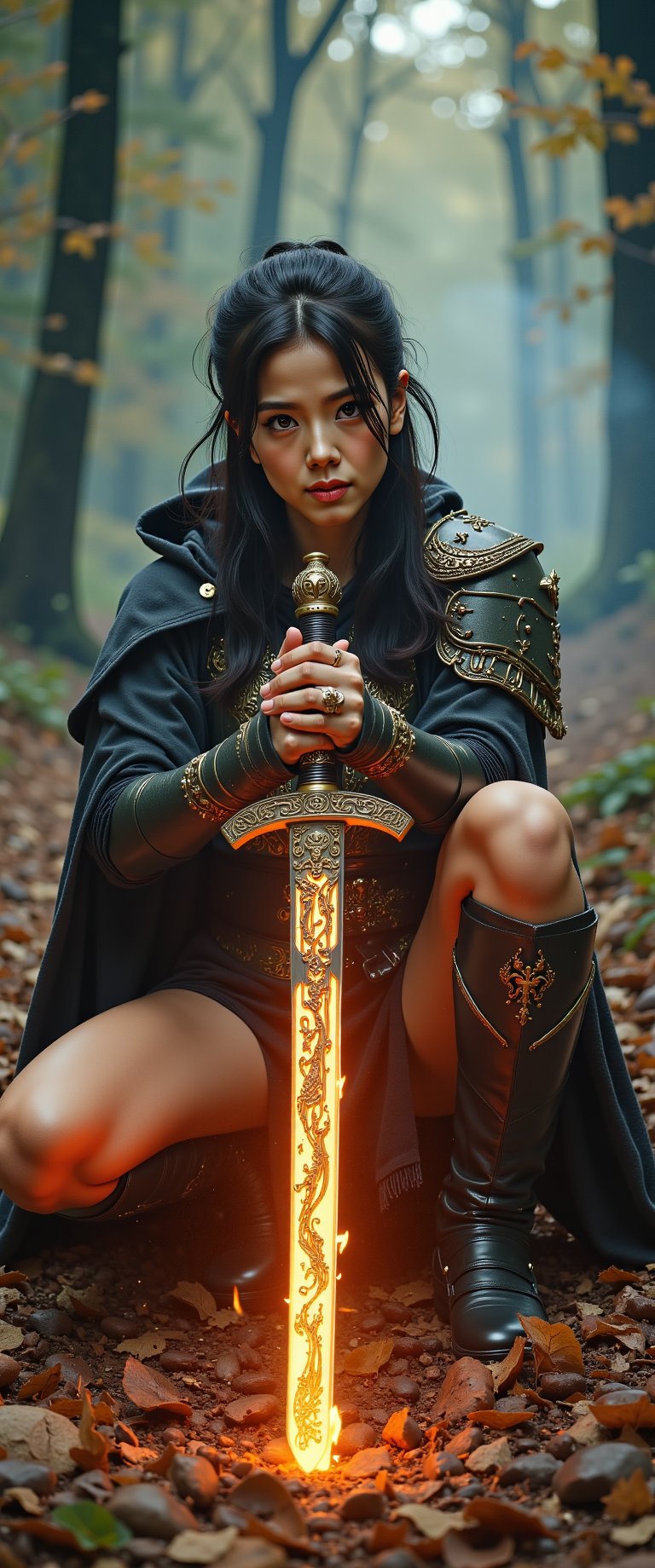 A fierce sexy  japanese female warrior crouched low, gripping a long, ornate sword with both hands, illuminated by a fiery orange aura that highlights intricate golden designs on the blade and hilt; rugged expression, dark tousled hair flowing freely, clad in elaborate metallic armor with a dark cloak draping over his back; misty twilight forest background with dark looming trees, smoky ethereal air, glowing embers and sparks around; earthy browns, oranges, and golds dominate the scene, contrasting with cooler dark greens and grays of the forest, creating a mystical, intense atmosphere,jisosmile