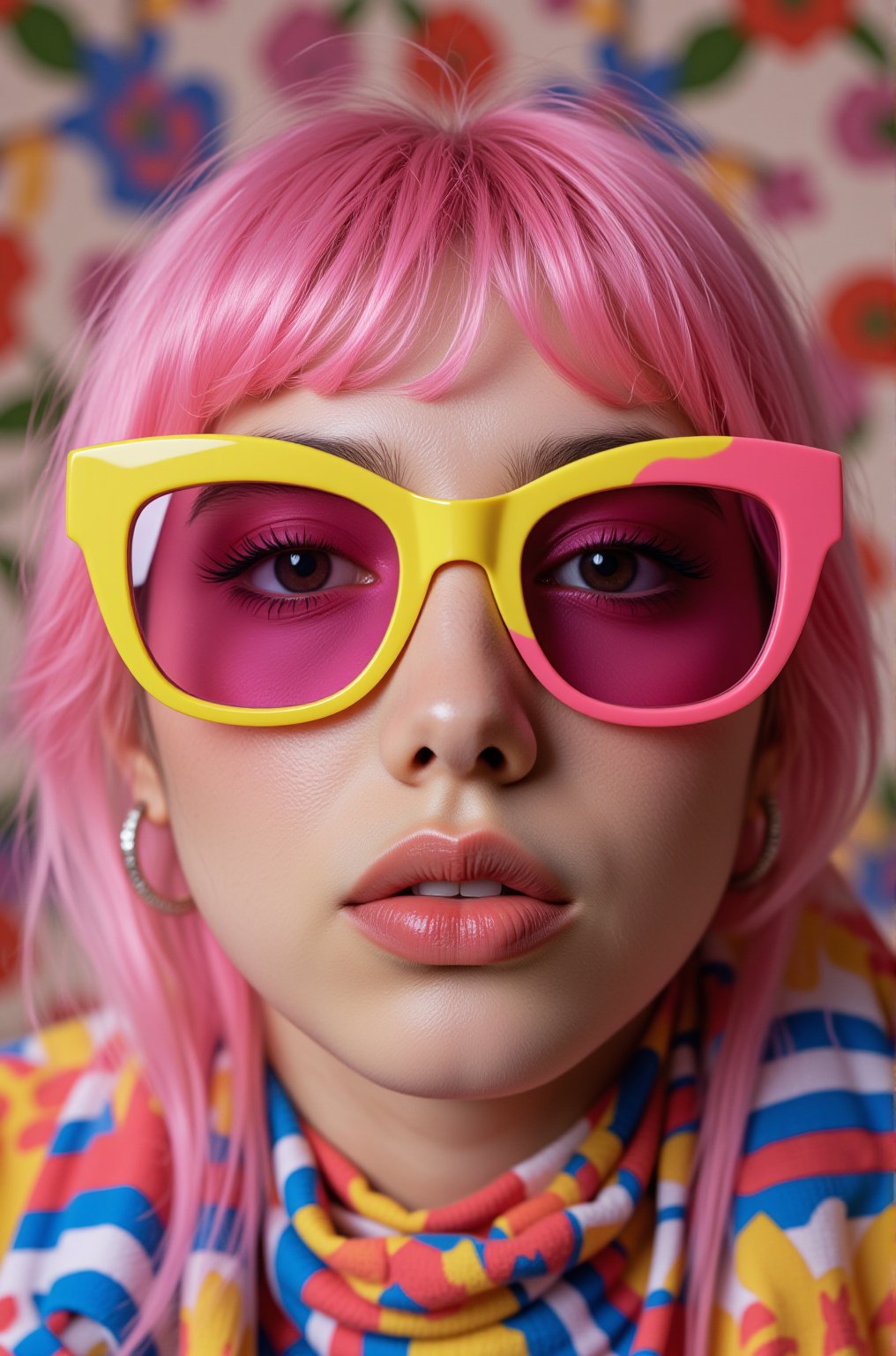 A vibrant, close-up portrait of a young woman with pink hair, wearing oversized, colorful sunglasses, and patterned turtleneck, abstract, textured background | pop art style, bold colors, detailed, highly stylized | photorealistic | studio lighting
,cinematic , film grain, Short telephoto focal length, shot on ALEXA 65