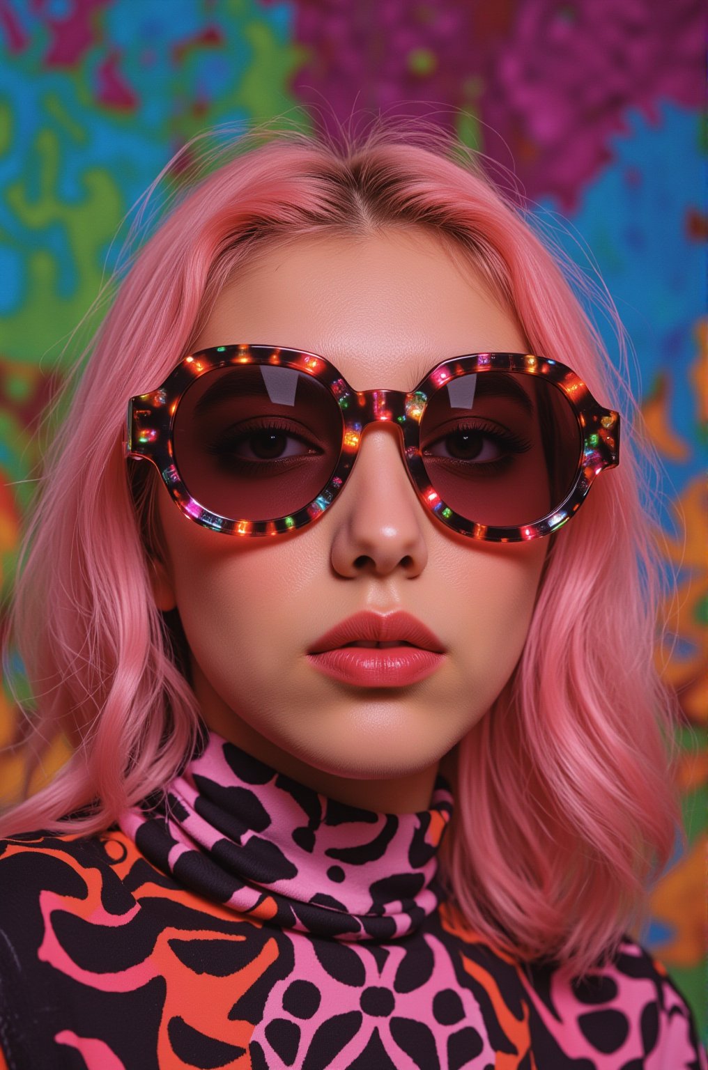 A vibrant, close-up portrait of a young woman with pink hair, wearing oversized, colorful sunglasses, and patterned turtleneck, abstract, textured background | pop art style, bold colors, detailed, highly stylized | photorealistic | studio lighting
,cinematic , film grain, Short telephoto focal length, shot on ALEXA 65