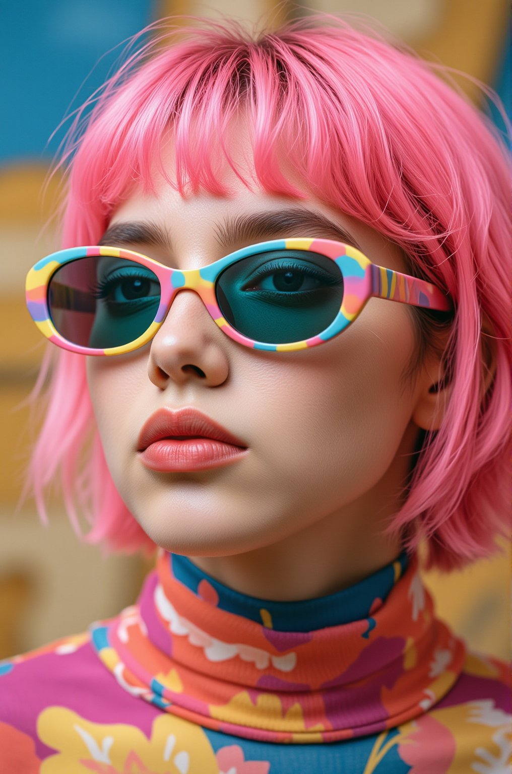 A vibrant, close-up portrait of a young woman with pink hair, wearing oversized, colorful sunglasses, and patterned turtleneck, abstract, textured background | pop art style, bold colors, detailed, highly stylized | photorealistic | studio lighting
,cinematic , film grain, Short telephoto focal length, shot on ALEXA 65