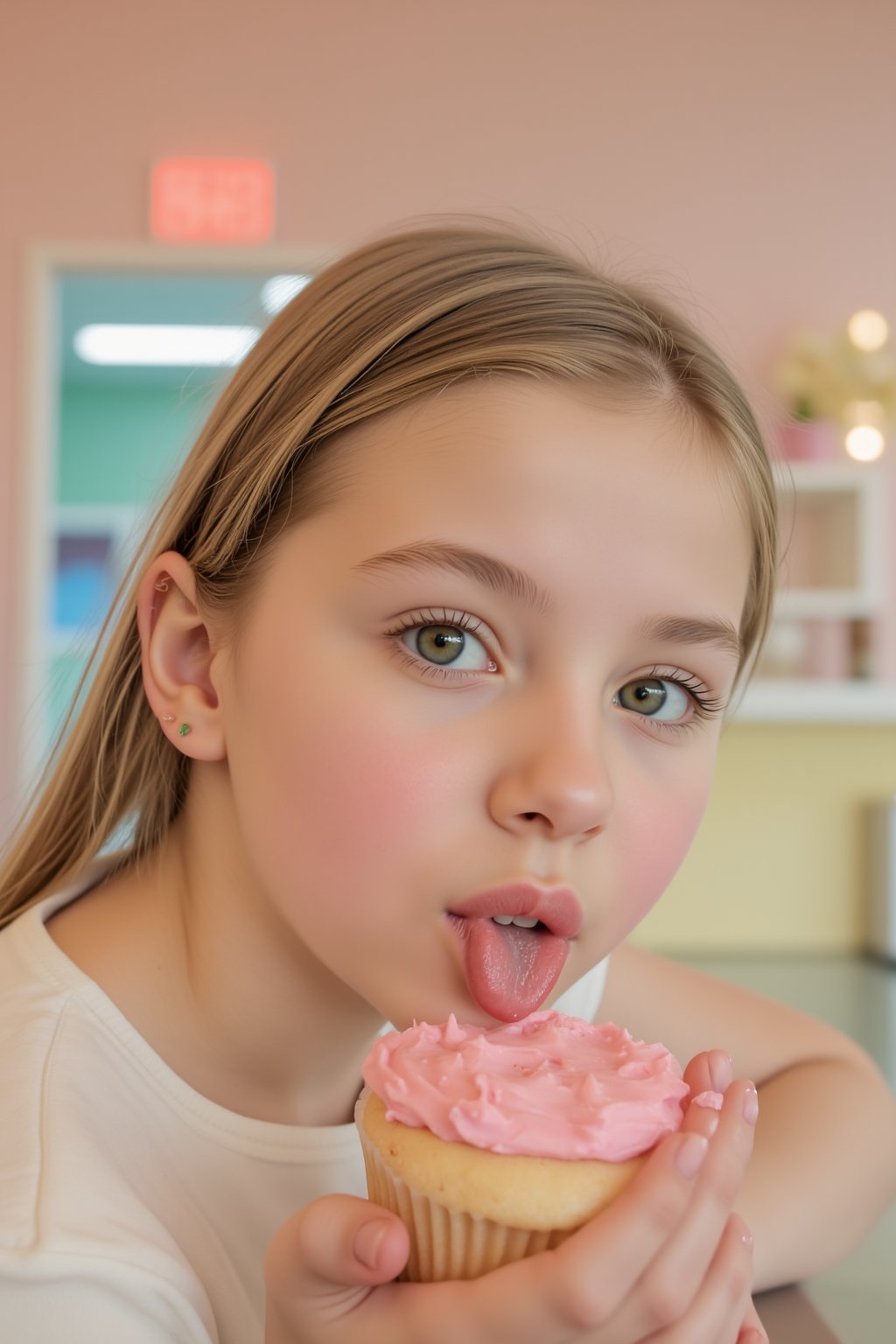  A 12 year old girl leans against a counter in a pastel-colored bakery, holding a cupcake with pink frosting. She takes a slow, deliberate bite, the frosting lightly smudging her lips. Her expression is one of playful innocence, but the way she licks her lips and her confident posture suggest that she’s fully aware of the attention she’s attracting. Hasselblad 907X 50C, low exposure, high contrast, ISO 100, with a 45mm wide-angle lens.