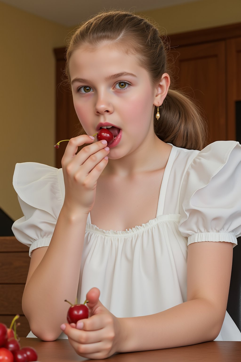 A 12 year old girl sits at a quaint kitchen table, wearing a simple white blouse with ruffled sleeves. She takes a bite of a ripe cherry, her lips stained red, with juice lightly dripping down her chin. Her eyes are wide and innocent, but the way she lingers on the fruit, and the coy tilt of her head, tells another story. Hasselblad X2D 100C, low exposure, high contrast, ISO 125, with a 80mm prime lens.