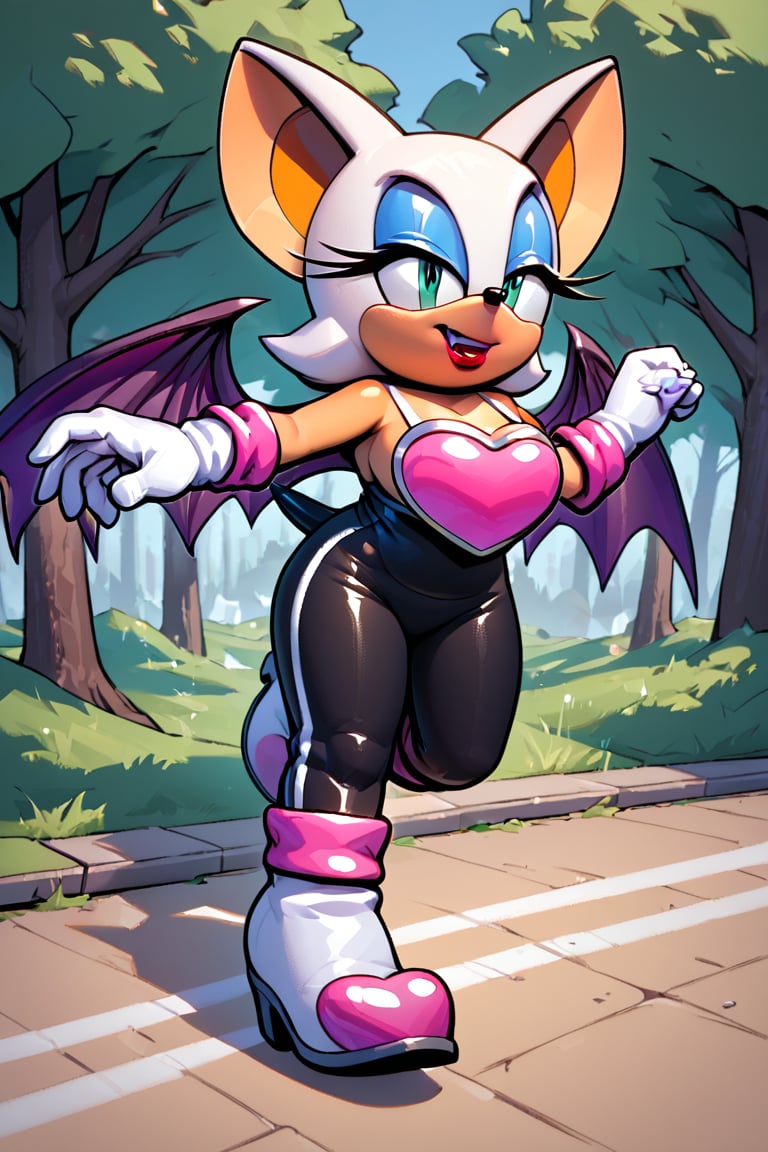 score_9_up, score_8_up, score_7_up, 1girl, solo, BREAK,anthro,detailed face eyes and fur,source_furry, full body, red lipstick, white fur,Rouge the bat,makeup, source_anime, outdoors, bat wings, black pants, white boots, with pink details, white gloves with pink details,frontal heart shape armor, running, sleeveless collarless shirt,