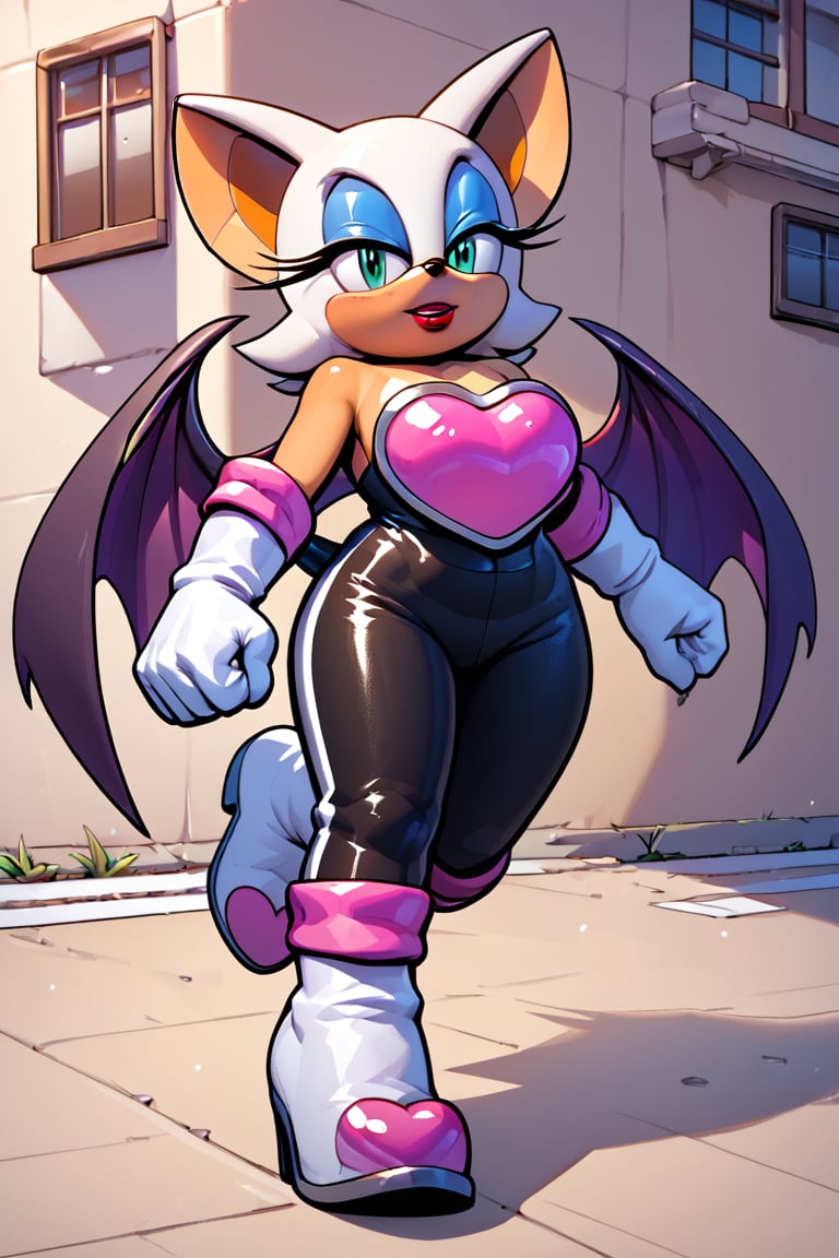 score_9_up, score_8_up, score_7_up, 1girl, solo, BREAK,anthro,detailed face eyes and fur,source_furry, full body, red lipstick, white fur,Rouge the bat,makeup, source_anime, outdoors, bat wings, black pants, white boots, with pink details, white gloves with pink details,frontal heart shape armor, running, sleeveless collarless white shirt,