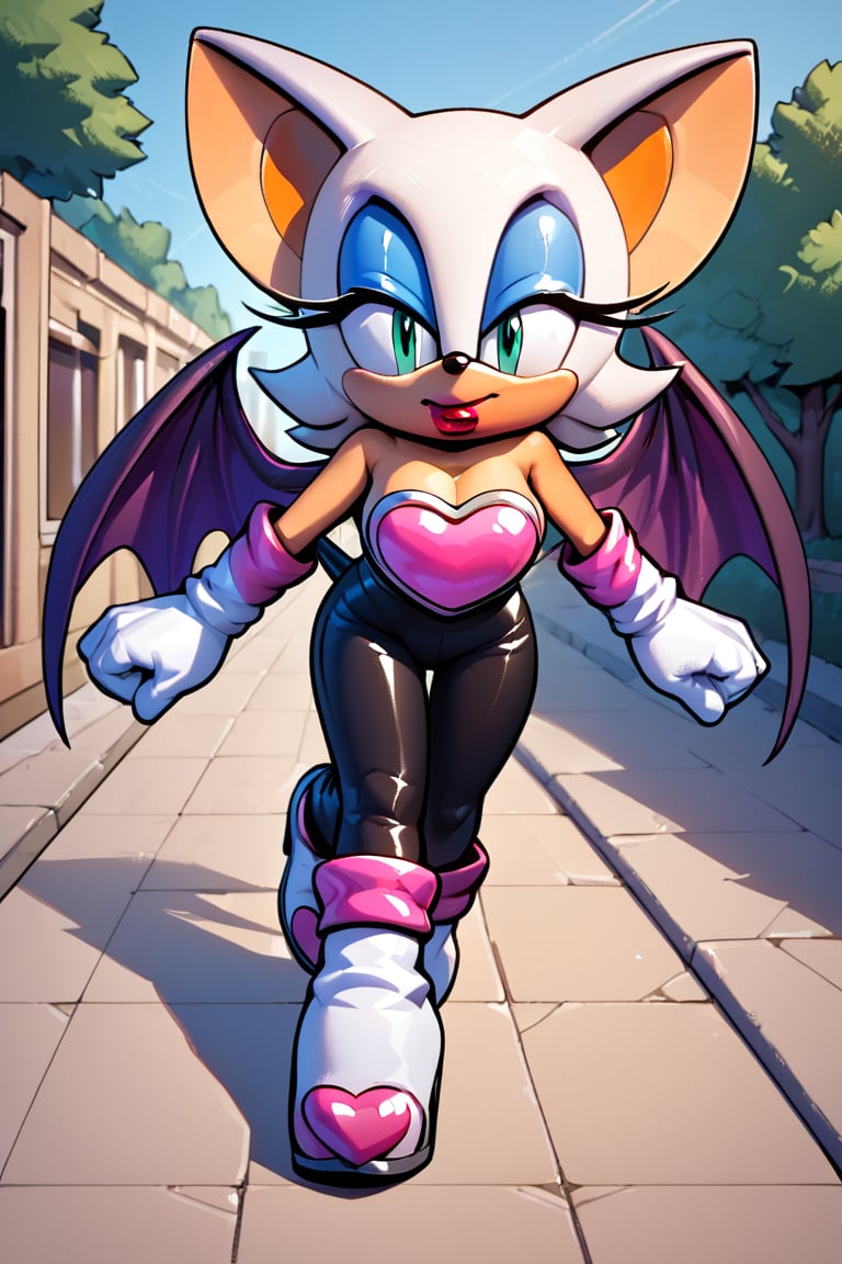 score_9_up, score_8_up, score_7_up, 1girl, solo, BREAK,anthro,detailed face eyes and fur,source_furry, full body, red lipstick, white fur,Rouge the bat,makeup, source_anime, outdoors, bat wings, black pants, white boots, with pink details, white gloves with pink details,frontal heart shape armor, running, sleeveless collarless white shirt,