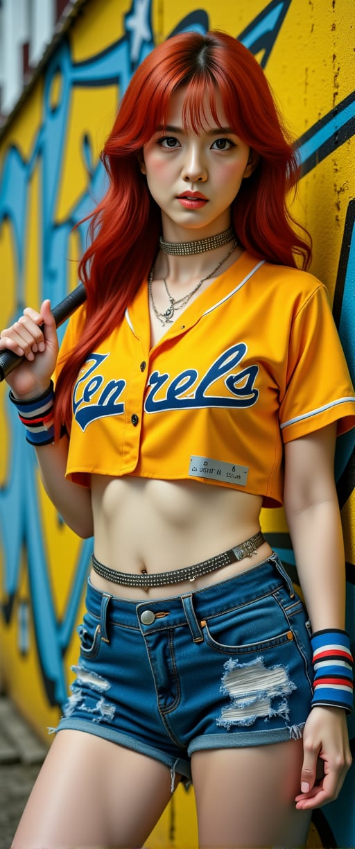 masterpiece, Movie Still, Film Still, Cinematic, Cinematic Shot, (RAW photo, 8k uhd, Analog style, Masterpiece, Best Quality, Highres:1.4), (dramatic, cinematic:1.2), BREAK, movie shot of (brutal:1.1) A young red-haired woman dressed in a bold combination of a baseball player's uniform, a bikini, and punk-inspired elements. Her fiery hair contrasts sharply with her outfit, which features complementary yellow and blue tones. She wears a cropped baseball jersey over a blue bikini top, paired with a short skirt or pants that have a rebellious, punk edge, including ripped fabric, studs, and bold patterns. Her accessories, like a spiked choker or wristbands, add to the punk vibe. She stands confidently with a baseball bat slung over her shoulder, her expression fierce and unapologetic, set against a dynamic backdrop with vibrant yellow and blue graffiti, embodying a fusion of athleticism and punk attitude.
"CTMAKER" badge , ,,ct-virtual,ct-virtual_v2,ct-visual,ct-sensual-v2