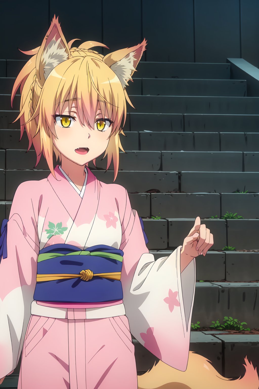 Kunou, (8k, HD), 1girl, solo, open mouth, blonde hair, animal ears, hair between eyes, green eyes, tail, yellow eyes, braid, japanese clothes, fang, kimono, sash, fox ears, fox tail, obi, fox girl, stairs, (pink kimono)