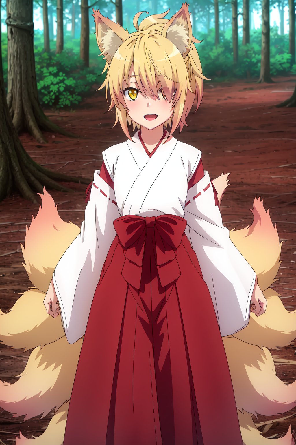 Kunou, (8k, HD), 1 girl, alone, looking at viewer, open mouth, skirt, blonde hair, forest, animal ears, tail, yellow eyes, Japanese clothing, hair over one eye, fox ears, fox tail, multiple tails, miko, tabi, standing, smile, blushing,, (hands behind back)