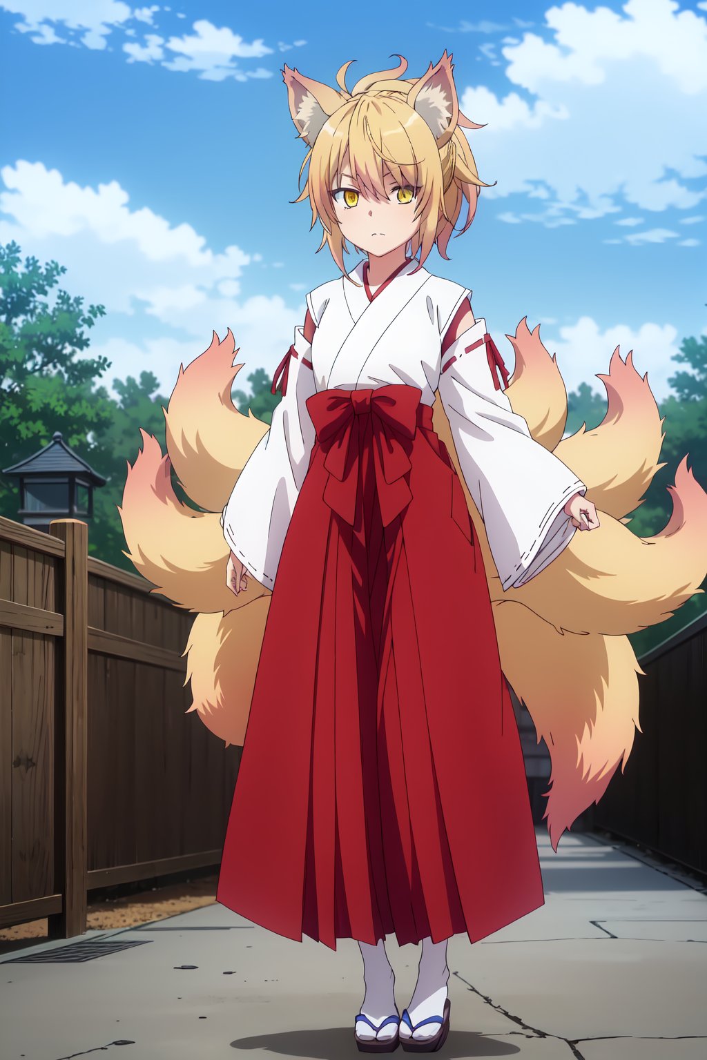 Kunou, (8k, HD), 1girl, solo, skirt, blonde hair, animal ears, tail, yellow eyes, japanese clothes, sky, fox ears, fox tail, multiple tails, hakama, hakama skirt, miko