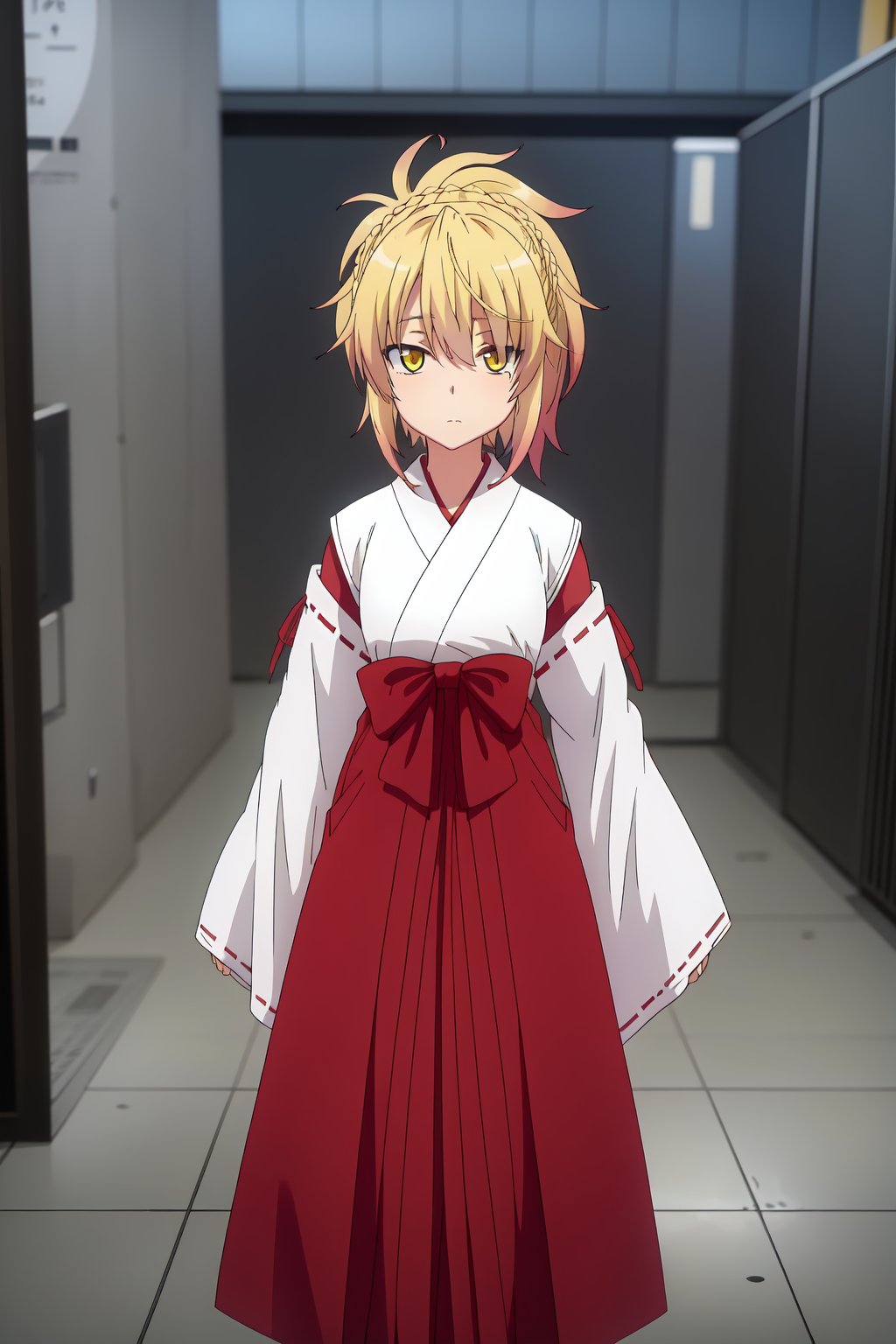 Kunou, (8k, HD), 1girl, solo, looking at viewer, skirt, blonde hair, yellow eyes, braid, japanese clothes, hakama, hakama skirt, miko, red hakama