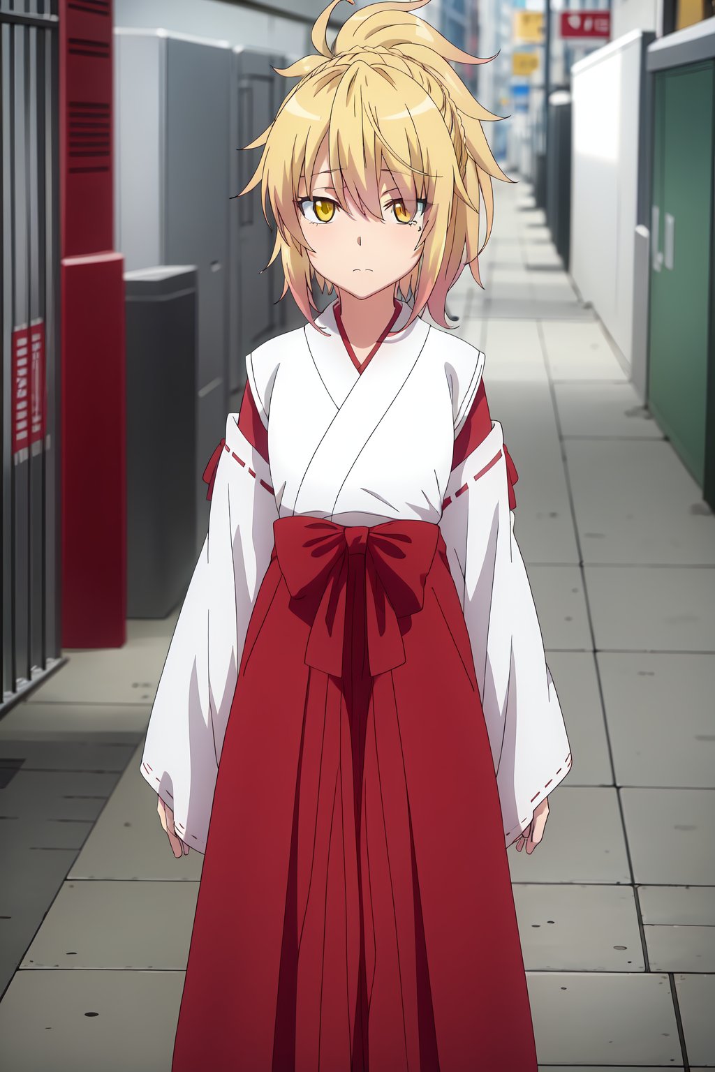 Kunou, (8k, HD), 1 girl, alone, looking at viewer, blonde hair, yellow eyes, Japanese clothing, hakama, hakama skirt, miko, hands behind back, anime coloring,