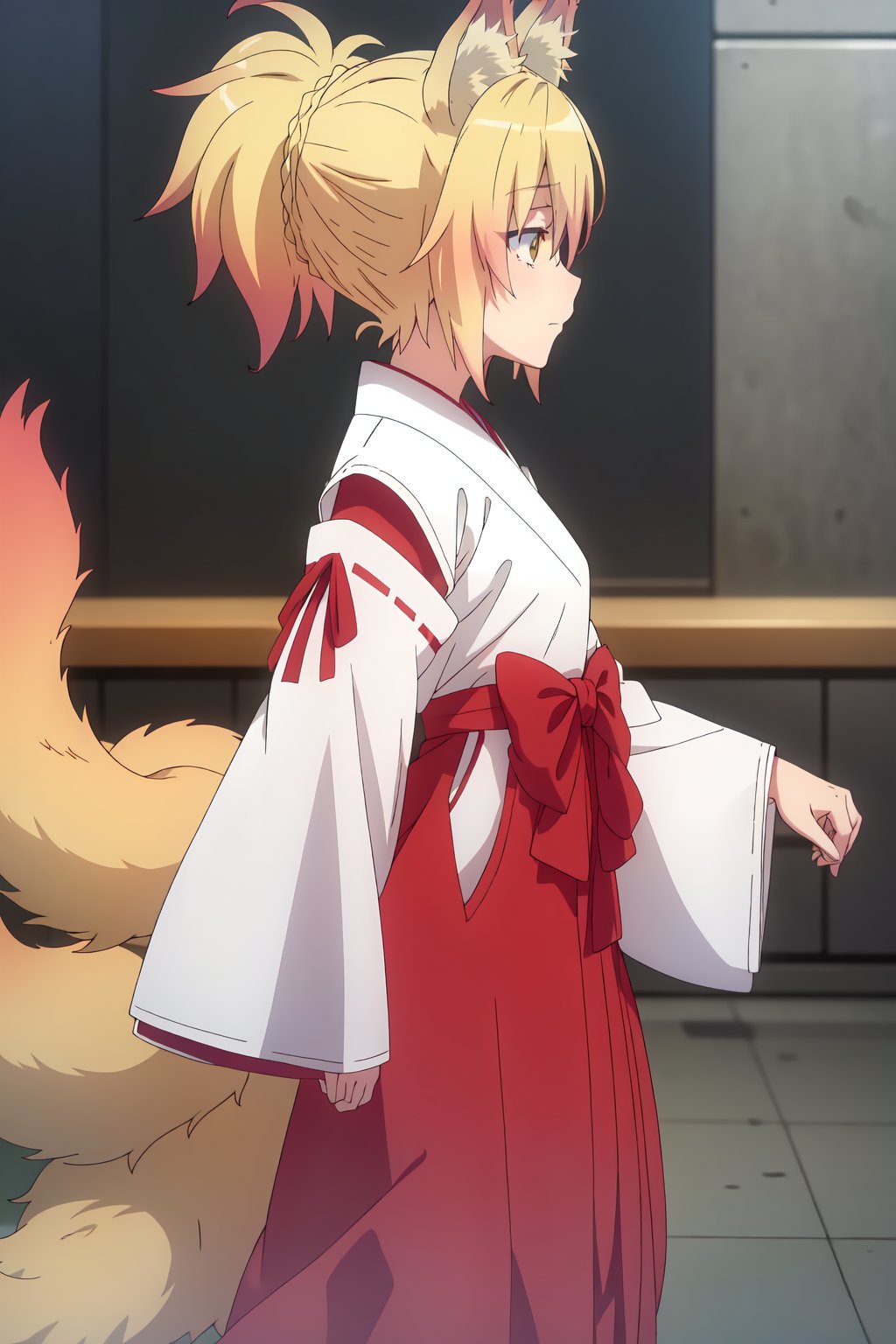 Kunou, (8k, HD), 1girl, solo, skirt, blonde hair, long sleeves, animal ears, hair between eyes, brown eyes, closed mouth, tail, ponytail, braid, japanese clothes, wide sleeves, kimono, from side, animal ear fluff, fox ears, profile, fox tail, fox girl, multiple tails, hakama, hakama skirt, white kimono, miko, red hakama