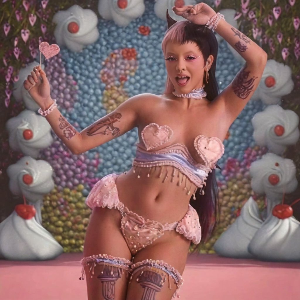 a woman with split dye pink and black hair, little split dye pink and black hair horns, wearing sexy revealing clothes, two pieces of heart fabric covering her chest, wearing a fabric bikin, on a set with candy and garden, dancing, ((CLOSE UP TO THE FACE)), ((tattoos)) , elaborate 3D scenery, extra realistic, studio light, blender,(masterpiece),(best quality:1.2),absurdres,poakl, Five fingers on each hand, detailed hands, big eyelashes,More Reasonable Details,a woman with four eyes,