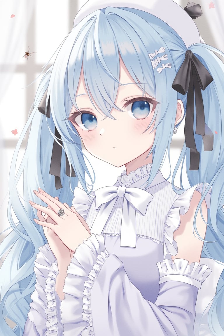 1girl, solo, long hair, looking at viewer, blush, bangs, blue eyes, hair ornament, long sleeves, hat, dress, bow, ribbon, hair between eyes, twintails, jewelry, very long hair, blue hair, hair ribbon, upper body, earrings, frills, parted lips, japanese clothes, puffy sleeves, bowtie, kimono, :o, petals, window, black ribbon, white headwear, floral print, ring, own hands together, bug, white bow, curtains, frilled sleeves, butterfly, white ribbon, puffy long sleeves, white bowtie, hatsune miku