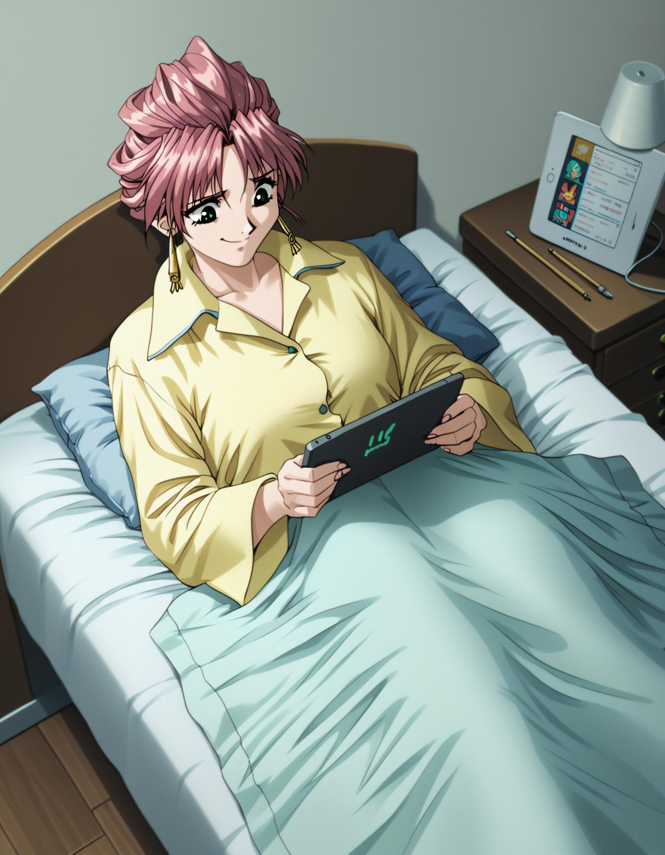 score_9,  score_8_up, score_7_up, <lora:marina-yuka-prodigy-ponyxl-000007:1> marina, 1girl, solo, pajamas, under covers, smile, looking down, tablet pc, pillow, bed, bedroom