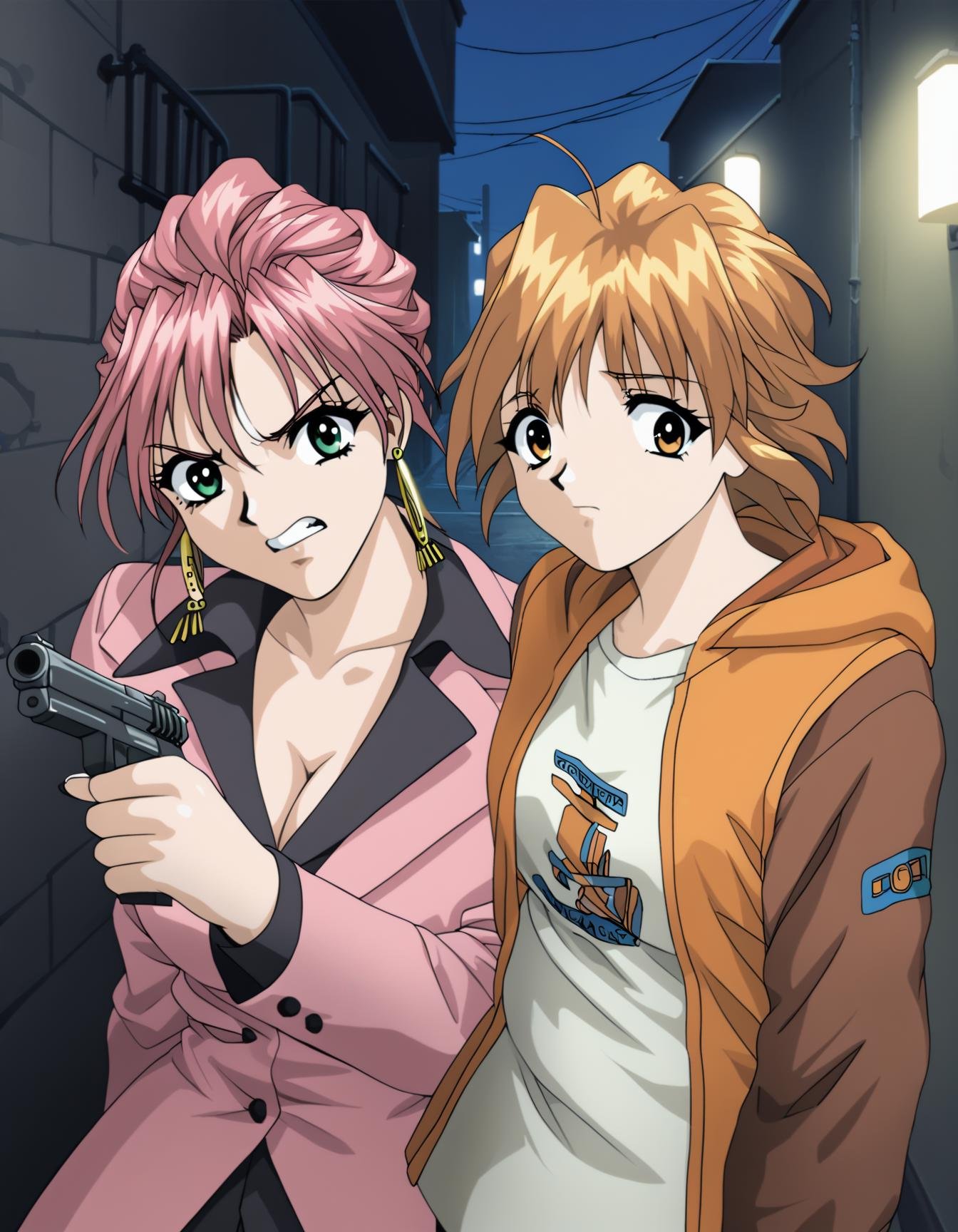 score_9,  score_8_up, score_7_up, <lora:marina-yuka-prodigy-ponyxl-000007:1> 2girls, alley, close-up, night, aiming at viewer2girls, alley, close-up, night, marina, skirt suit, pink suit, cleavage, black skirt, pantyhose, earrings, handgun, aiming at viewer, angry2girls, alley, close-up, night, yuka, hoodie, orange vest, brown sleeves, worried