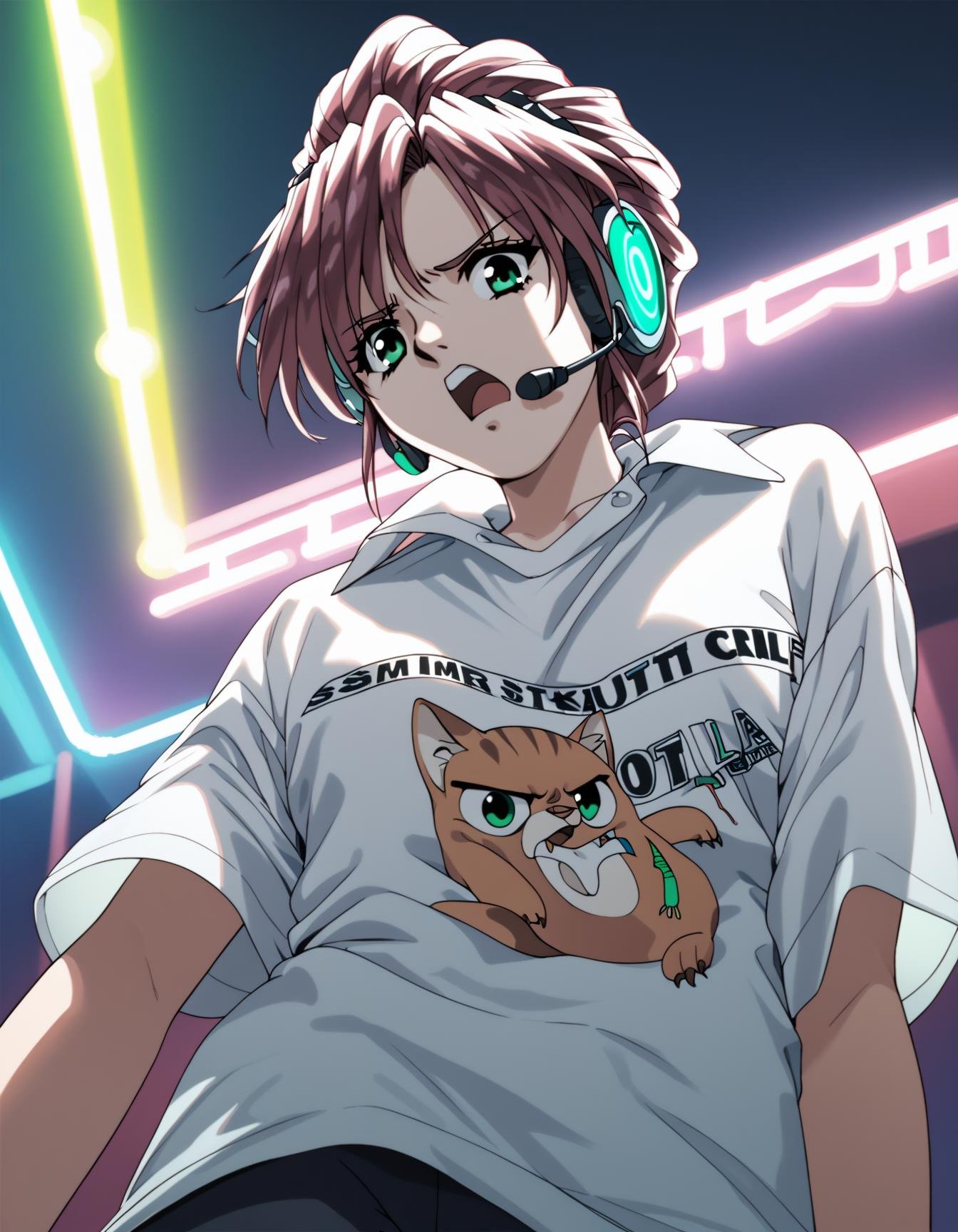 score_9,  score_8_up, score_7_up, <lora:marina-yuka-prodigy-ponyxl-000007:1> 1girl, solo, marina, streetwear, oversized shirt, t-shirt, annoyed, bored, open mouth, headset, looking at viewer, nightclub, neon lights