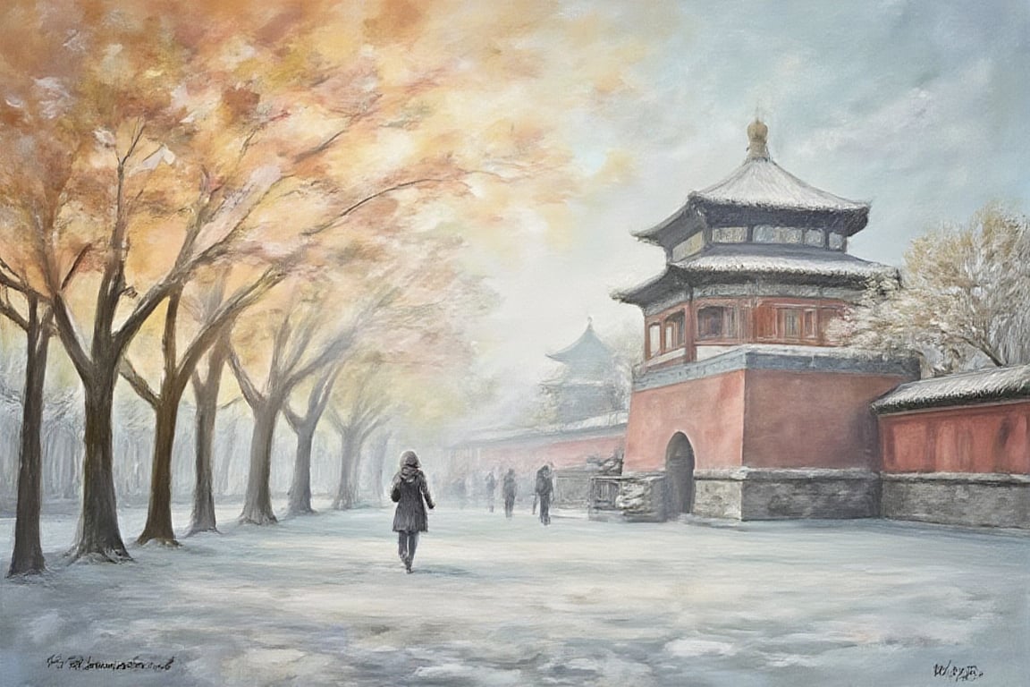 A serene Beijing winter scene unfolds before us, a delicate watercolor painting capturing the misty morning hues of frozen lakes and snow-kissed trees. The Forbidden City's grandeur is shrouded in a veil of fog, while the ancient walls stand vigilant against the biting cold. In the foreground, a lone figure bundled in layers hurries to find warmth, their breath visible in the chilly air.,luxury style,Enhanced all