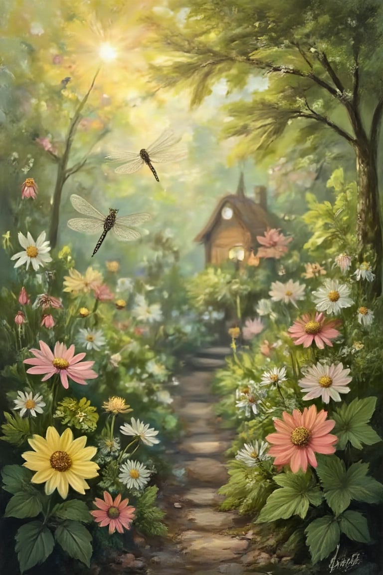 A whimsical fairy garden scene with a close-up view, soft morning light filtering through lush foliage, creating a magical atmosphere. The garden is filled with sparkling dewdrops on delicate flowers and leaves, and glittering dragonflies hovering gracefully. The composition is vibrant and detailed, capturing the enchanting beauty of the miniature world.