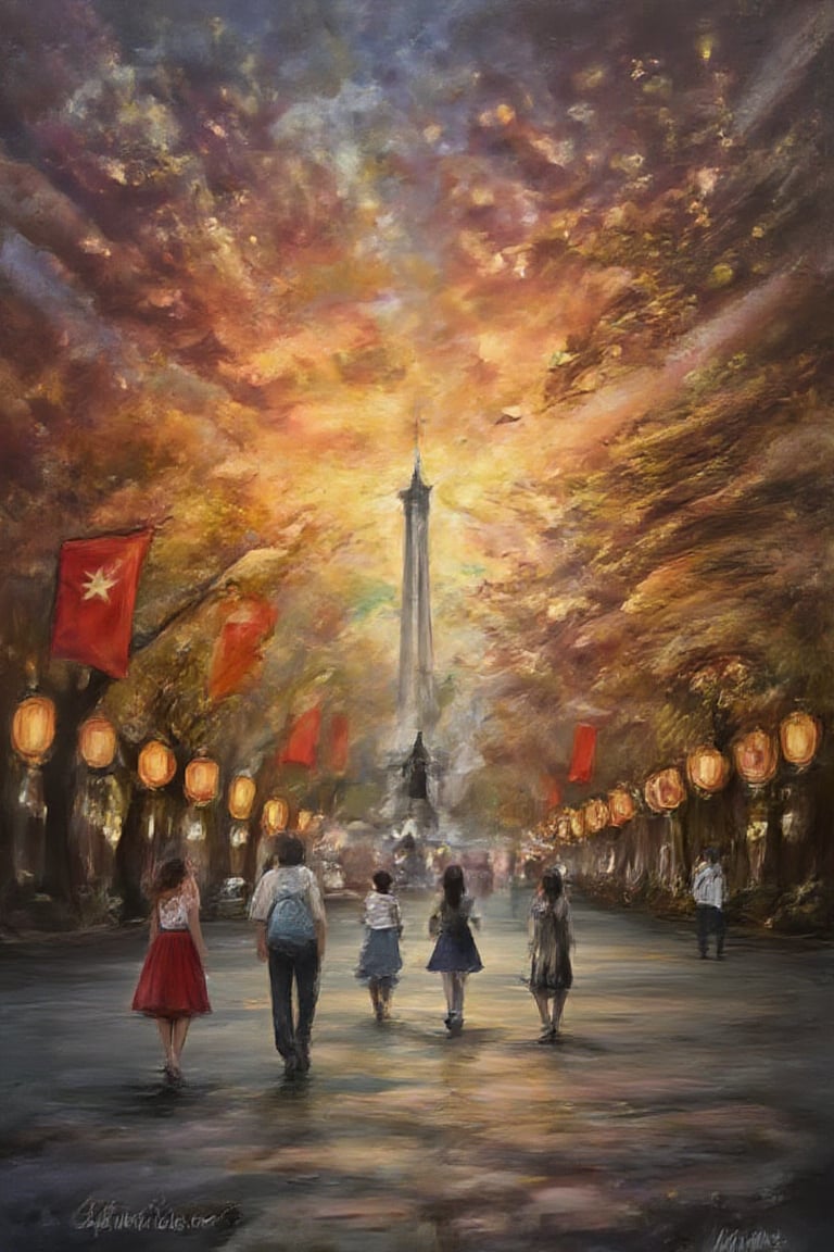 A majestic masterpiece depicting the vibrant streets of Hanoi on National Independence Day. The warm glow of lanterns and twinkling lights illuminate the scene, as crimson flags wave proudly in the foreground. In the distance, the imposing One Pillar Pagoda stands tall, its ancient stones bathed in a soft, golden light. The air is filled with the sounds of laughter and celebration, as locals and tourists alike come together to commemorate this momentous occasion.,Enhanced all,luxury style