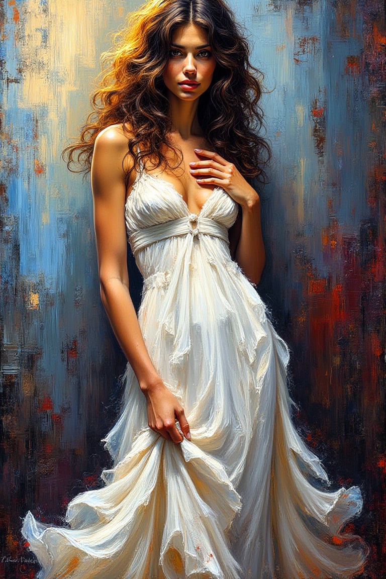 "An abstract, impressionist oil painting of a stunningly beautiful woman wearing a flowing white dress, with vibrant, rich oil paint colors, visible brush strokes, and a dramatic, expressive background. The woman is standing confidently, her dress flowing and textured, with a dynamic and graceful pose. She has striking features, with a serene and captivating expression, looking directly at the viewer with soft, open eyes. The background features bold, contrasting colors, creating a sense of movement and intensity."