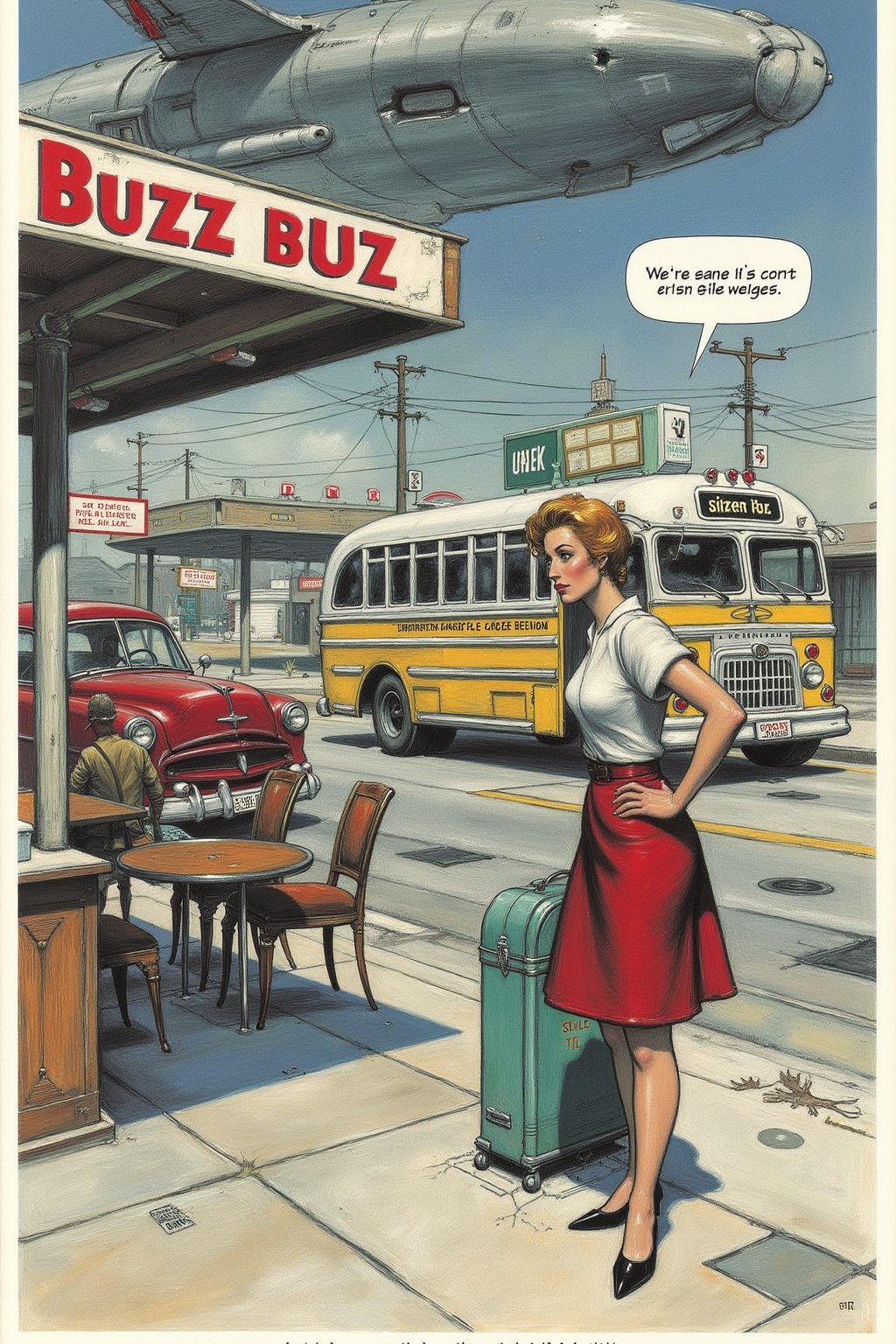 finely intricate details, lots of pencil strokes, a color masterpiece comics scribbled illustration,  a woman standing at an empty bus station, puzzled, confused, unsure, text: "Where's the Buzz?" oil painting, by Gil Elvgren, movie credits,