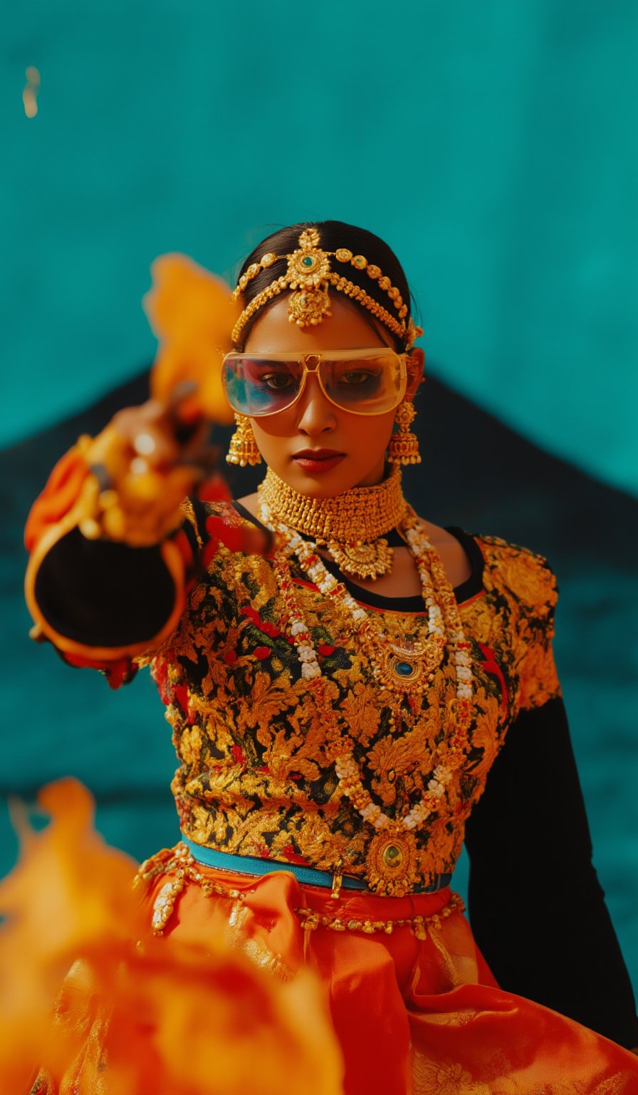 A stylish Mallu girl with a curvy, sexy figure poses confidently in a modern, non-traditional outfit adorned with traditional ornaments. She wears oversized, colorful sunglasses and a bold, patterned turtleneck that stands out against a teal and orange background, graded with cinematic color tones. The scene captures a complex, action-oriented pose reminiscent of cyberpunk themes from Blade Runner and The Matrix, set in a highly stylized, photorealistic CGI environment. The abstract, textured background adds a pop art flair with bold, vibrant colors, enhancing the modern, high-quality 32K masterpiece. Studio lighting accentuates every detail, bringing a mix of traditional elements and futuristic vibes together in this dynamic composition