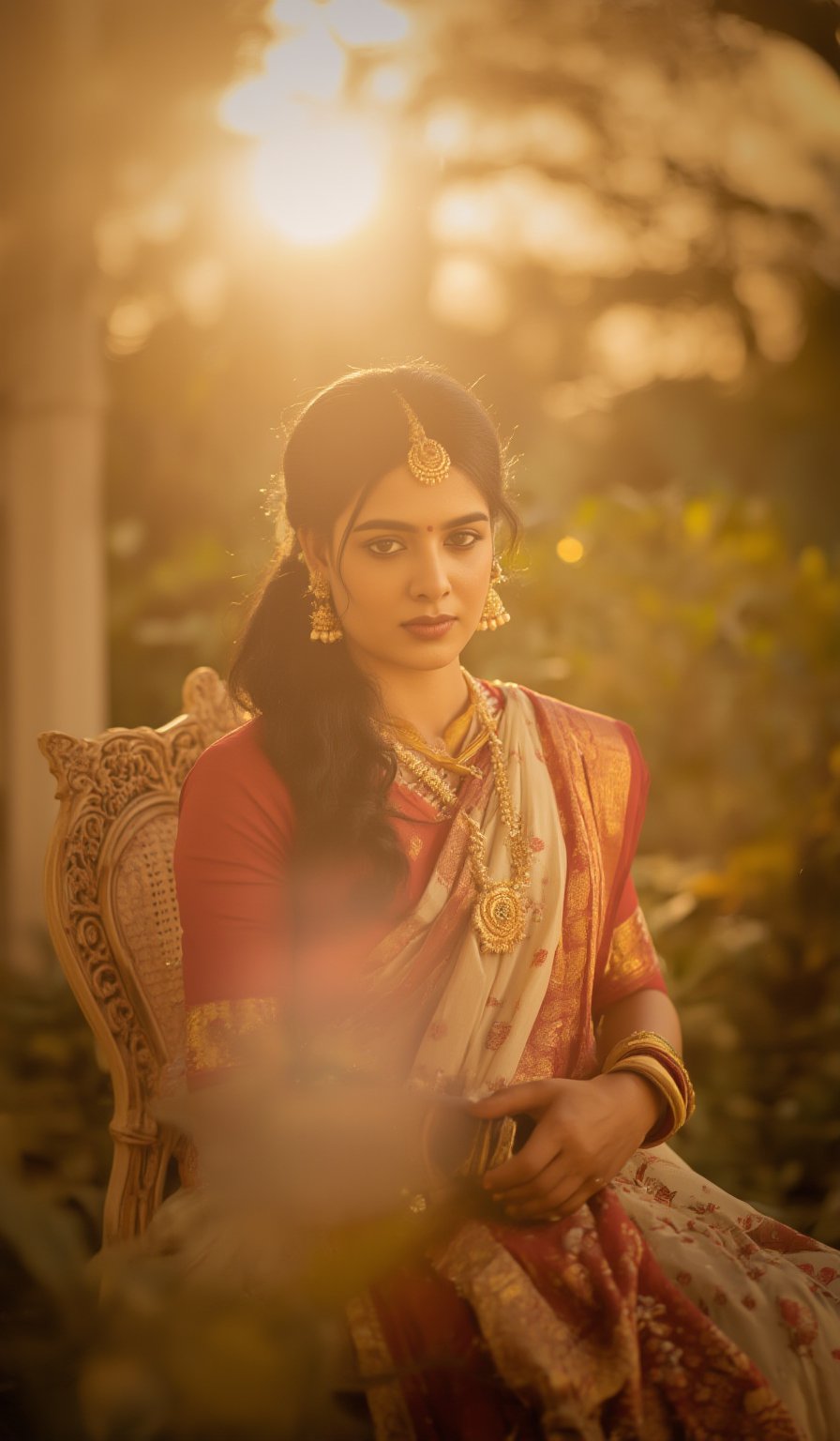 A serene portrait of Kalayani Priyadarshan: A warm golden light illuminates her gentle face, framed by a soft focus blurred background. She sits comfortably on a intricately carved wooden stool, her hands folded in her lap. Her eyes, like pools of calm water, gaze softly into the distance, radiating kindness and wisdom.,ആതിര 