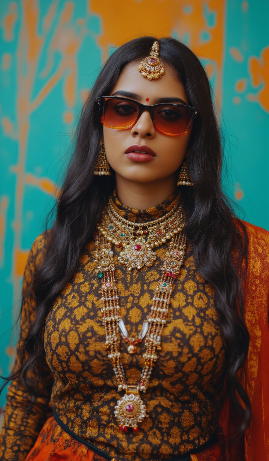 A stylish Mallu girl with a curvy, sexy figure poses confidently in a modern, non-traditional outfit adorned with traditional ornaments. She wears oversized, colorful sunglasses and a bold, patterned turtleneck that stands out against a teal and orange background, graded with cinematic color tones. The scene captures a complex, action-oriented pose reminiscent of cyberpunk themes from Blade Runner and The Matrix, set in a highly stylized, photorealistic CGI environment. The abstract, textured background adds a pop art flair with bold, vibrant colors, enhancing the modern, high-quality 32K masterpiece. Studio lighting accentuates every detail, bringing a mix of traditional elements and futuristic vibes together in this dynamic composition