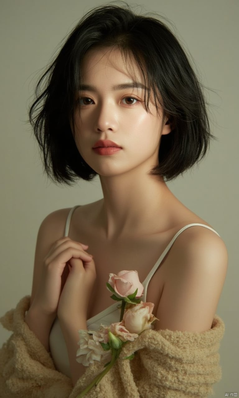 1girl, solo, looking at viewer, short hair, black hair, bare shoulders, brown eyes, closed mouth, collarbone, upper body, flower, black eyes, lips, shadow, realistic, very short hair