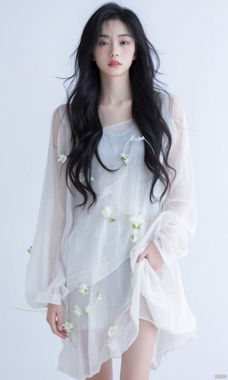 1girl, solo, long hair, looking at viewer, simple background, black hair, long sleeves, white background, dress, flower, parted lips, lips, petals, messy hair, hand in pocket, realistic, 