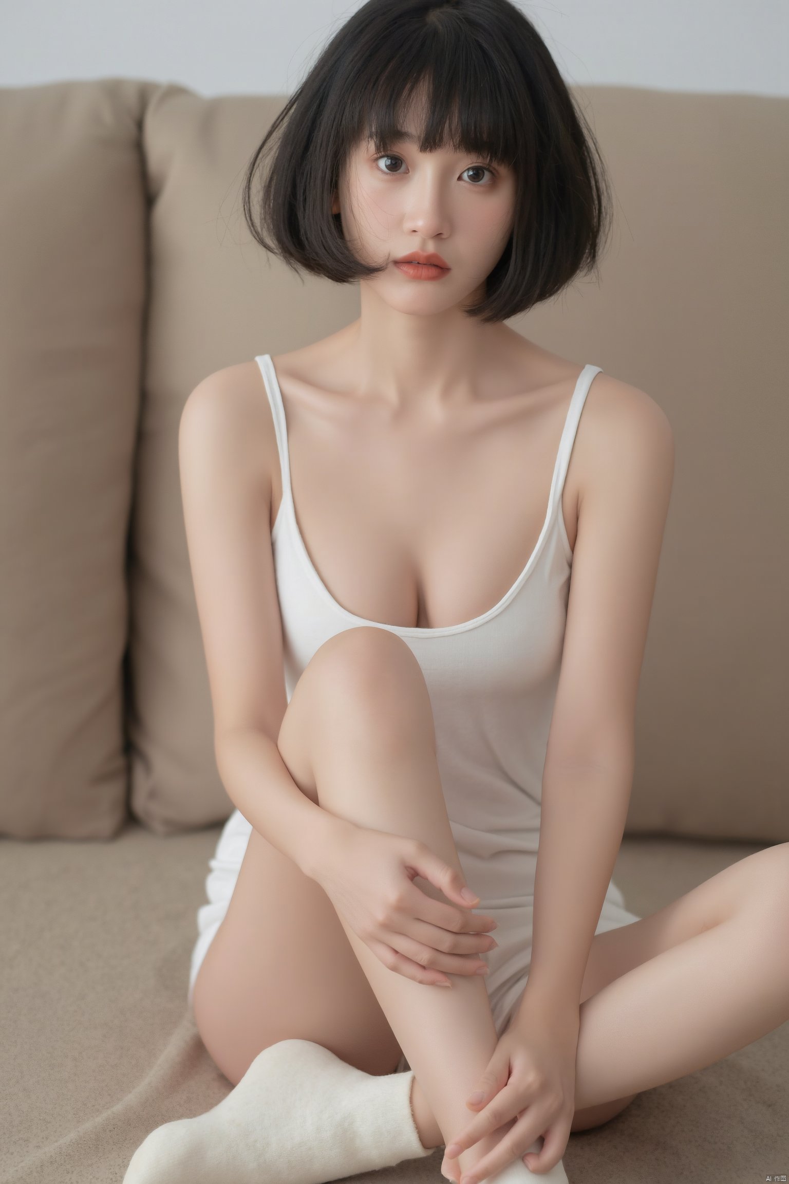 1girl, solo, breasts, looking at viewer, short hair, black hair, cleavage, brown eyes, sitting, collarbone, full body, socks, indoors, lips, white socks, realistic