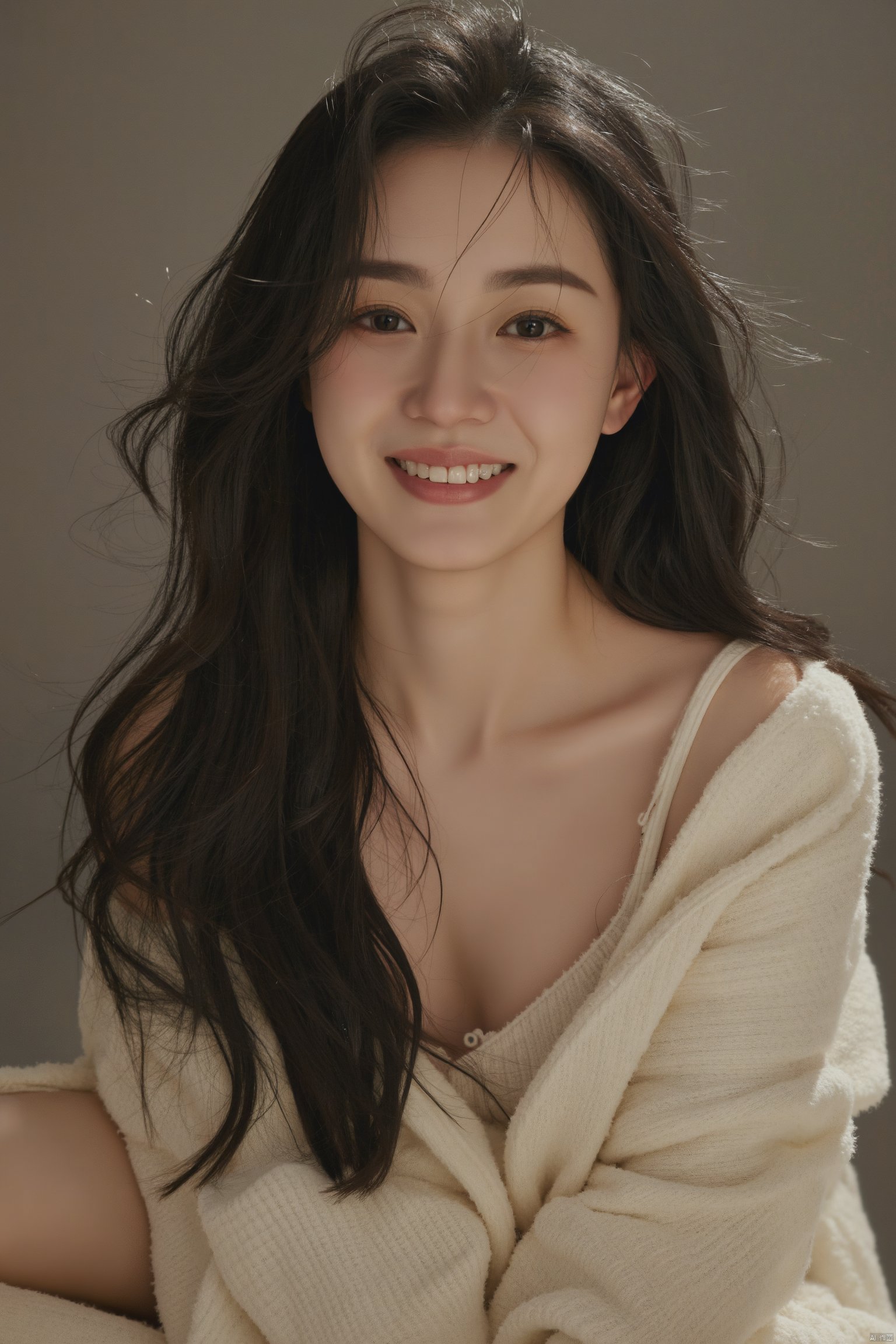 1girl, solo, long hair, looking at viewer, smile, black hair, sitting, collarbone, teeth, off shoulder, grin, sweater, messy hair, realistic